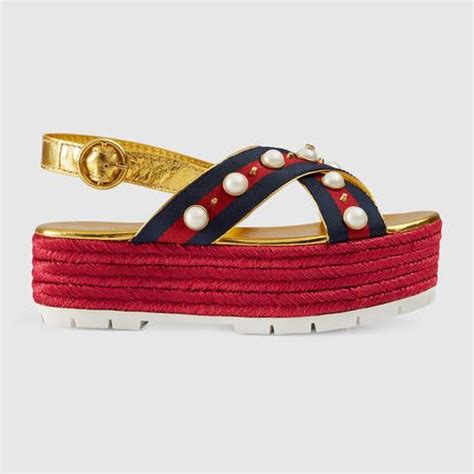 gucci embellished metallic leather espadrille platform sandals|Gucci leather platform espadrille.